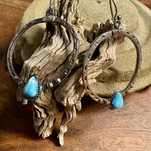 Native / Western Style Silver Tine & Faux Turquoise Hoop Earrings
